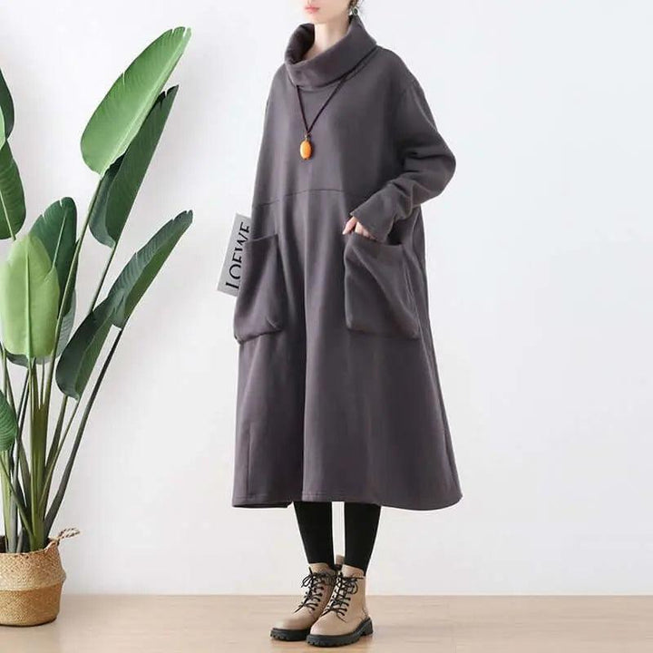 Chic Black Turtleneck A-line Dress with Pockets for Women-Women's dress-Thebesttailor-One size-Gray-Cotton-Thebesttailor