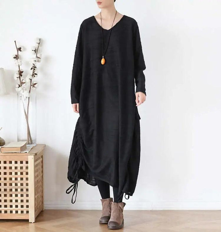 Elegant Black Cotton Dress with Asymmetrical Hem for Women-Women's dress-Thebesttailor-Thebesttailor