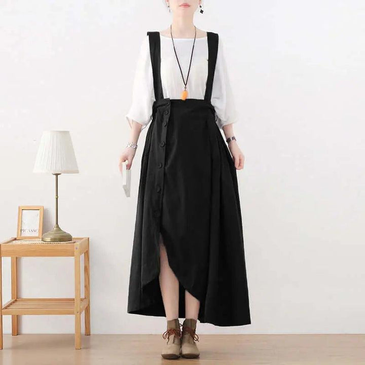 Elegant Linen Suspender Jumpsuit with Asymmetric Sleeveless Design-Women's Skirts-Thebesttailor-One size-Black-Linen-Thebesttailor