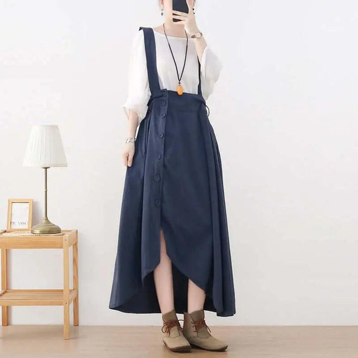 Elegant Linen Suspender Jumpsuit with Asymmetric Sleeveless Design-Women's Skirts-Thebesttailor-One size-Gray-Linen-Thebesttailor