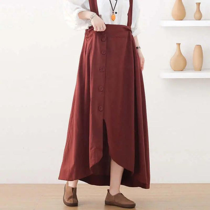 Elegant Linen Suspender Jumpsuit with Asymmetric Sleeveless Design-Women's Skirts-Thebesttailor-One size-Red-Linen-Thebesttailor