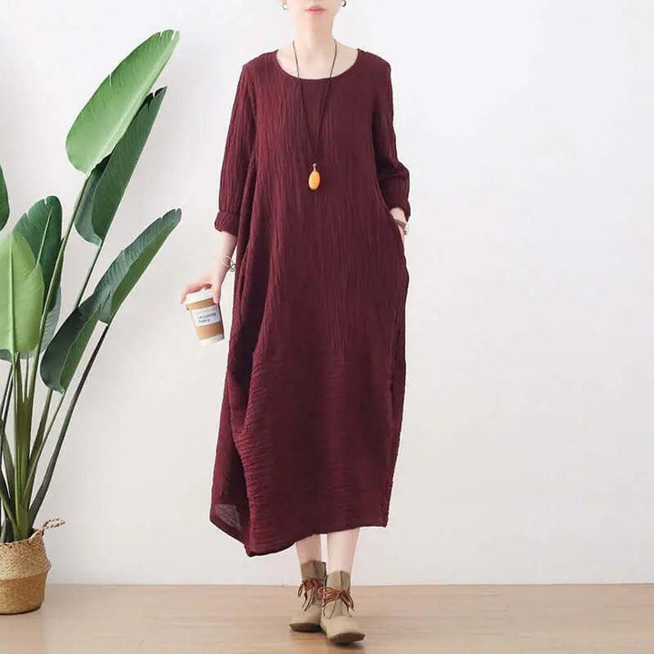 Linen Dress Tunic Dress with Sleeves - dresses for women-Women's dress-Thebesttailor-One size-Burgundy-Linen/cotton-Thebesttailor