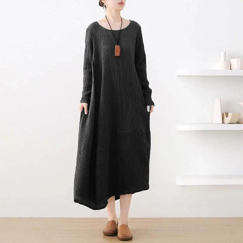 Linen Dress Tunic Dress with Sleeves - dresses for women-Women's dress-Thebesttailor-One size-Black-Linen/cotton-Thebesttailor