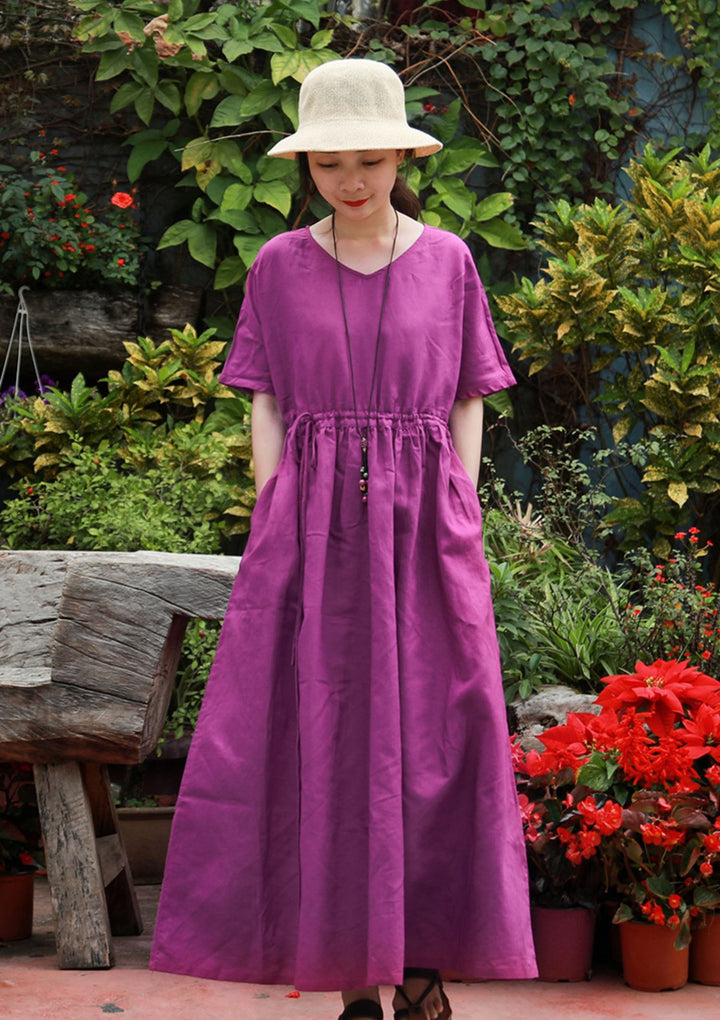 Summer Purple Linen Wrap Dress for Women