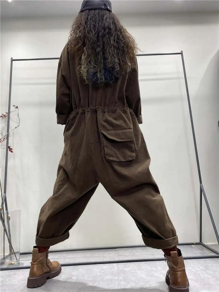 Denim Jumpsuit with Sleeves and Pockets for Women-Women's pants-Thebesttailor-Thebesttailor