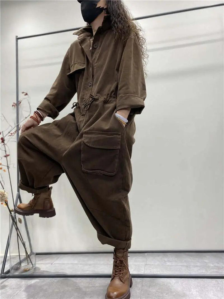Denim Jumpsuit with Sleeves and Pockets for Women-Women's pants-Thebesttailor-One size-Brown-Denim-Thebesttailor