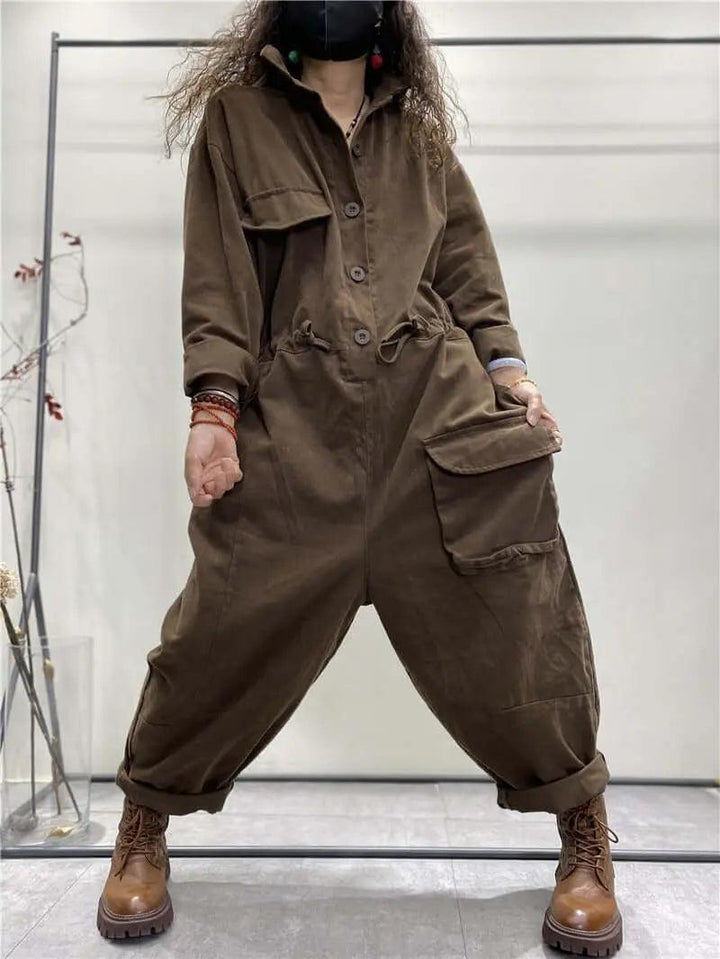 Denim Jumpsuit with Sleeves and Pockets for Women-Women's pants-Thebesttailor-Thebesttailor