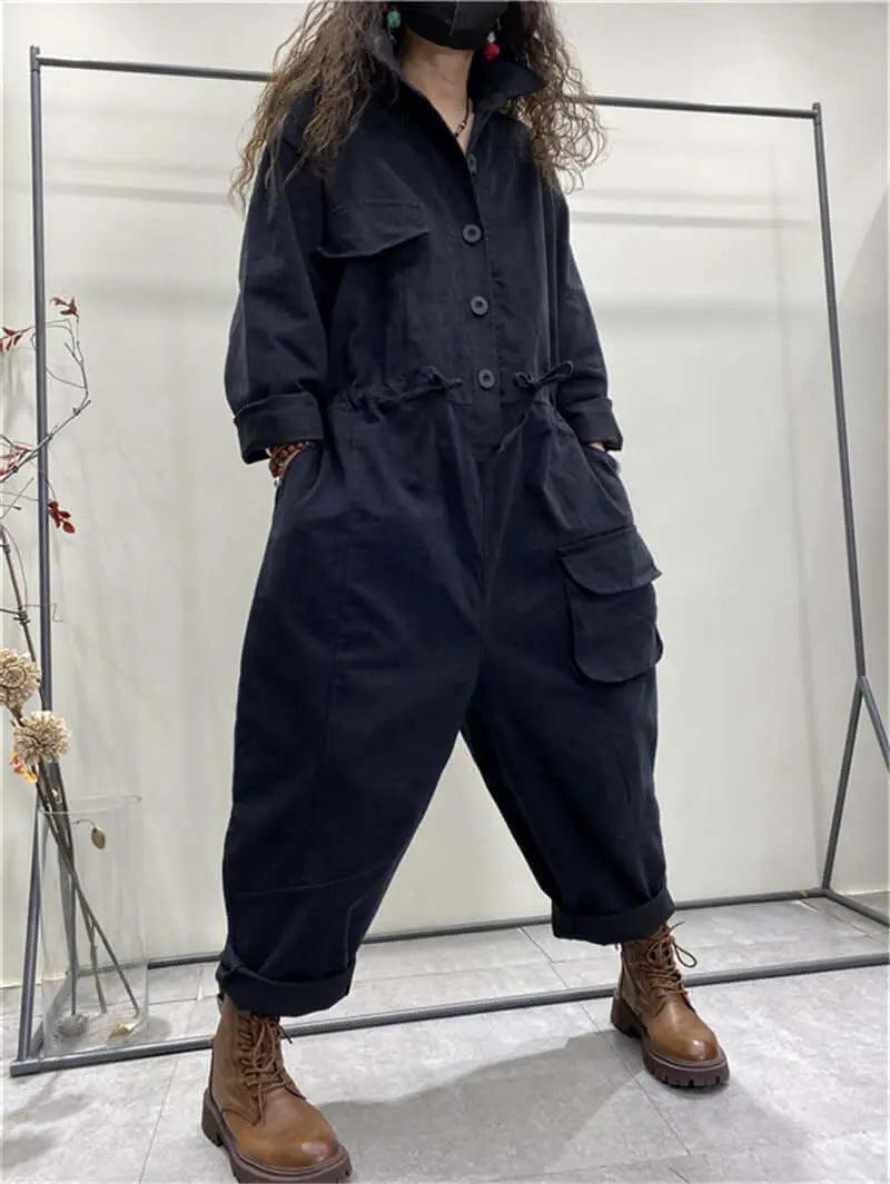 Denim Jumpsuit with Sleeves and Pockets for Women-Women's pants-Thebesttailor-Thebesttailor