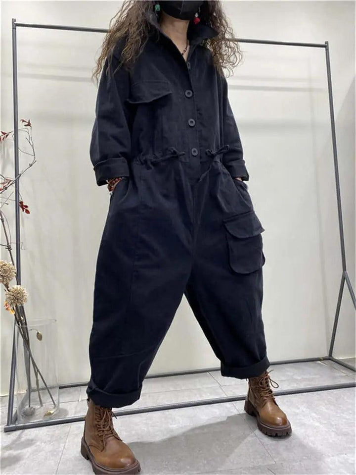 Denim Jumpsuit with Sleeves and Pockets for Women-Women's pants-Thebesttailor-Thebesttailor