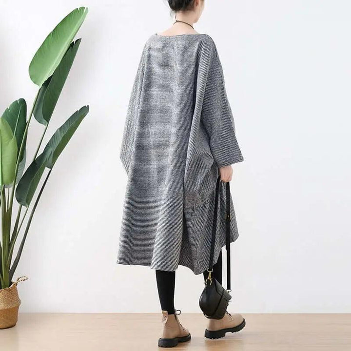 Springtime Chic: Gray Cotton Bat Sleeve Midi Oversized Dress-Women's dress-Thebesttailor-Thebesttailor