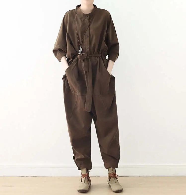 Women's Stylish Wrap Jumpsuit with Three Quarter Sleeves and Drop Crotch Style-Women's pants-Thebesttailor-Thebesttailor