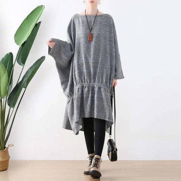 Springtime Chic: Gray Cotton Bat Sleeve Midi Oversized Dress-Women's dress-Thebesttailor-One size-Gray-Cotton-Thebesttailor