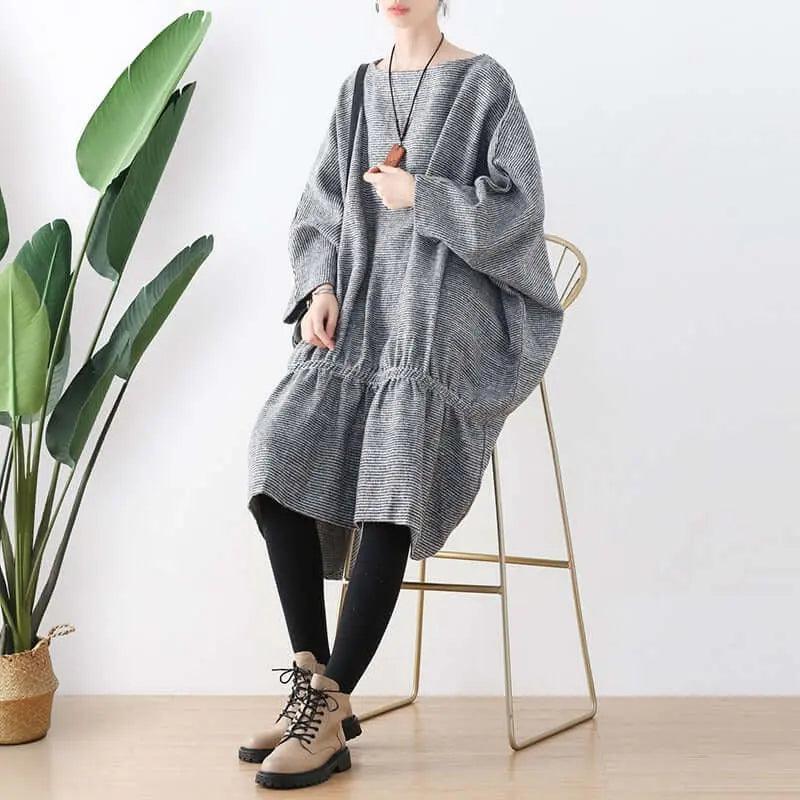 Springtime Chic: Gray Cotton Bat Sleeve Midi Oversized Dress-Women's dress-Thebesttailor-Thebesttailor