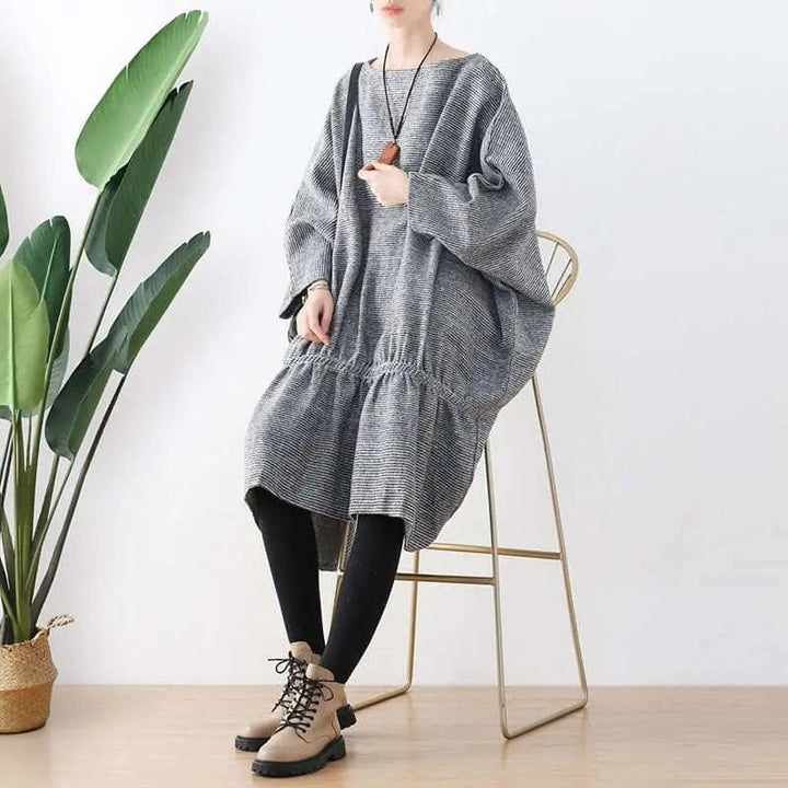 Springtime Chic: Gray Cotton Bat Sleeve Midi Oversized Dress-Women's dress-Thebesttailor-Thebesttailor