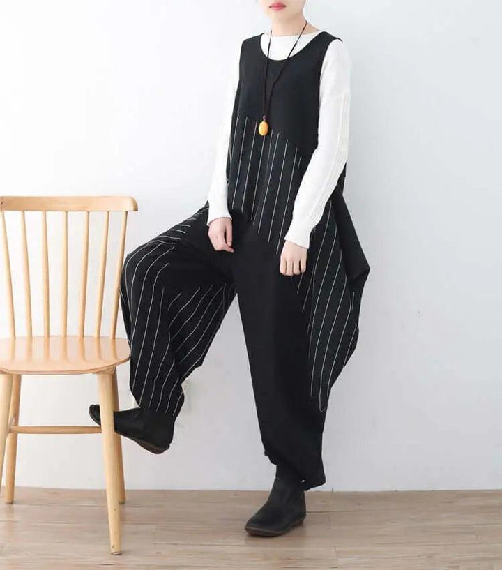 Elegant Striped Jumpsuit with Unique Drop Crotch Pants for Women-Women's pants-Thebesttailor-Thebesttailor
