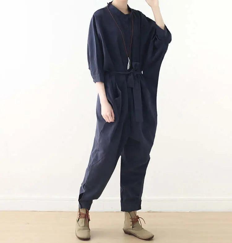 Women's Stylish Wrap Jumpsuit with Three Quarter Sleeves and Drop Crotch Style-Women's pants-Thebesttailor-One size-Blue-Polyester-Thebesttailor