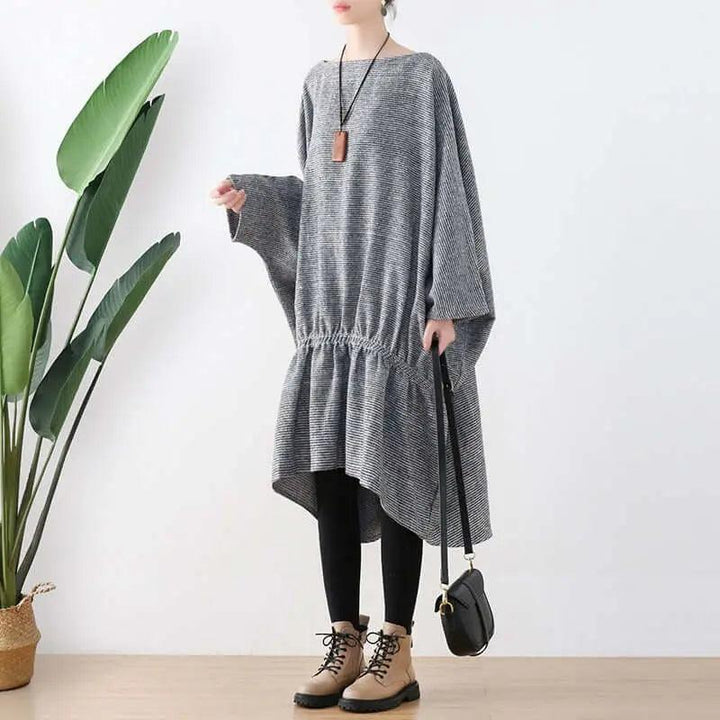 Springtime Chic: Gray Cotton Bat Sleeve Midi Oversized Dress-Women's dress-Thebesttailor-Thebesttailor