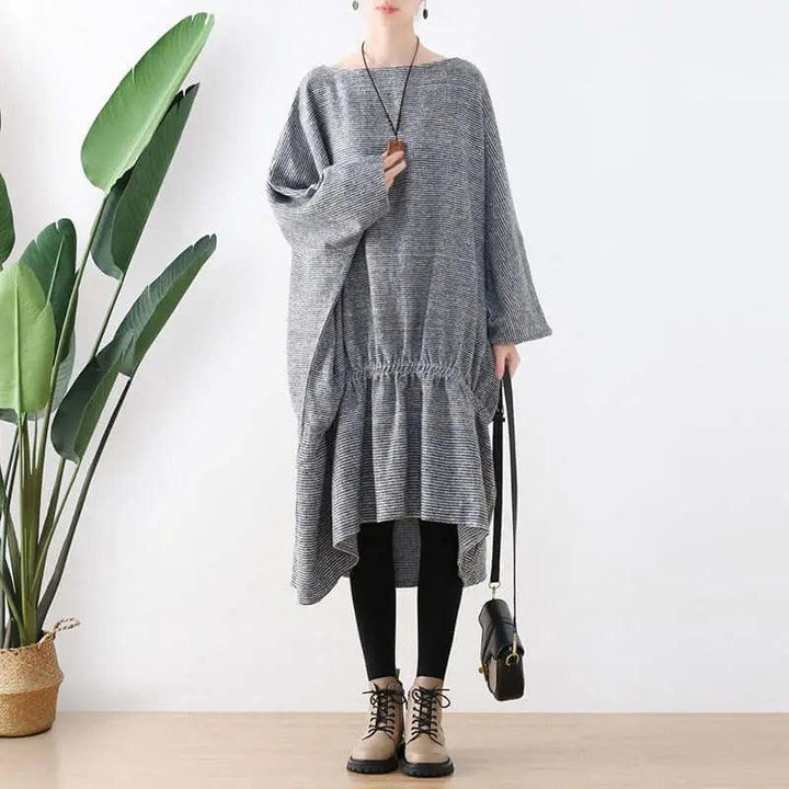 Springtime Chic: Gray Cotton Bat Sleeve Midi Oversized Dress-Women's dress-Thebesttailor-Thebesttailor