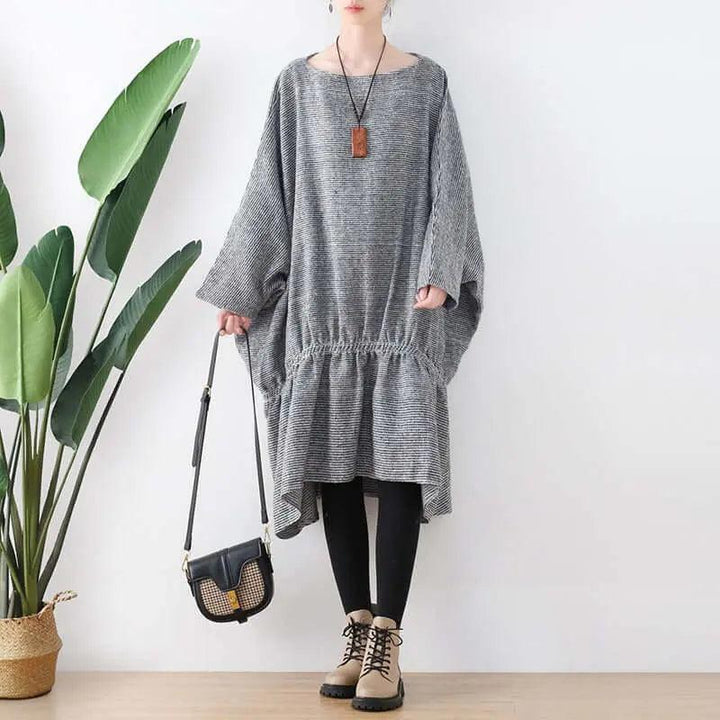 Springtime Chic: Gray Cotton Bat Sleeve Midi Oversized Dress-Women's dress-Thebesttailor-Thebesttailor