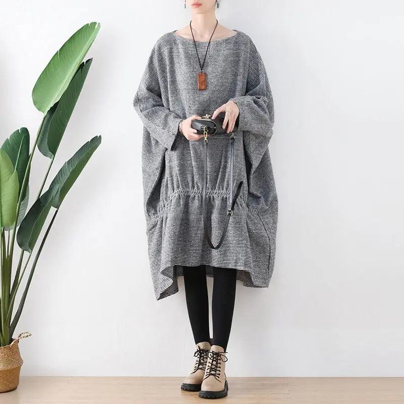 Springtime Chic: Gray Cotton Bat Sleeve Midi Oversized Dress-Women's dress-Thebesttailor-Thebesttailor