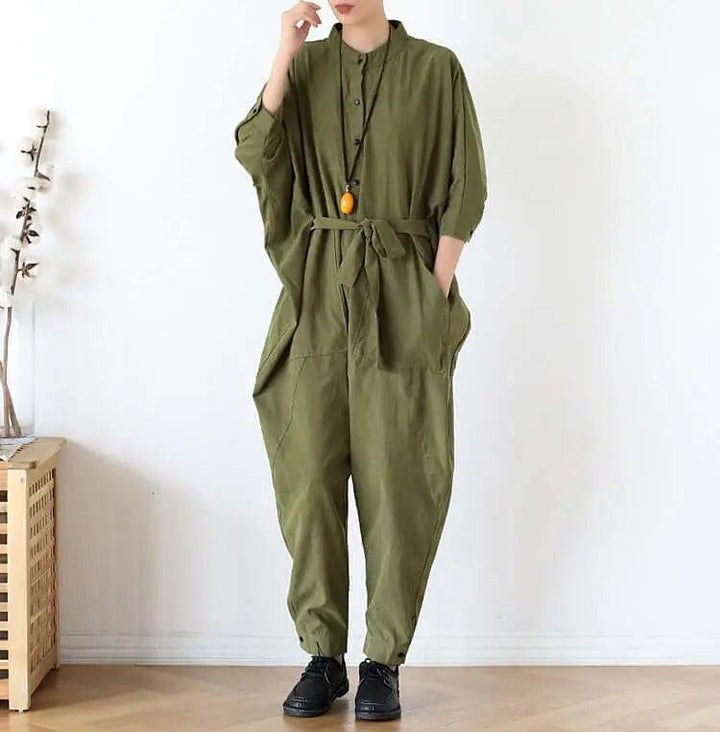 Women's Stylish Wrap Jumpsuit with Three Quarter Sleeves and Drop Crotch Style-Women's pants-Thebesttailor-One size-Army green-Polyester-Thebesttailor