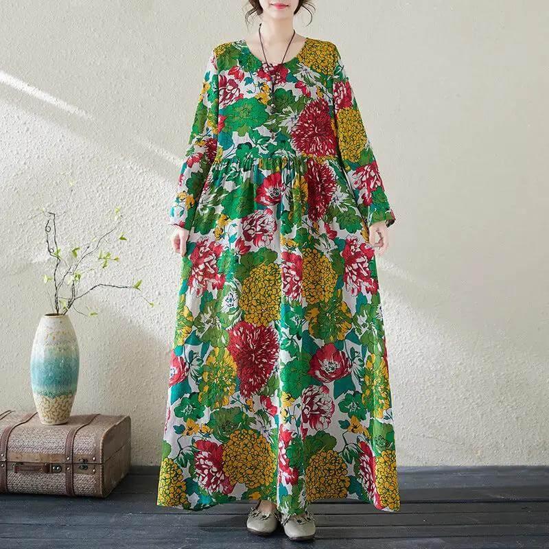 Women's Bohemian Green Floral Print Cotton Dress-Women's dress-Thebesttailor-One size-Green-Cotton-Thebesttailor