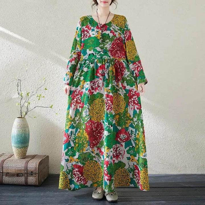 Women's Bohemian Green Floral Print Cotton Dress-Women's dress-Thebesttailor-One size-Green-Cotton-Thebesttailor