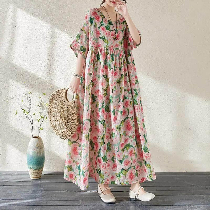 Women's Bohemian Green Summer Floral Print Dress-Women's dress-Thebesttailor-One size-Pink-Cotton-Thebesttailor