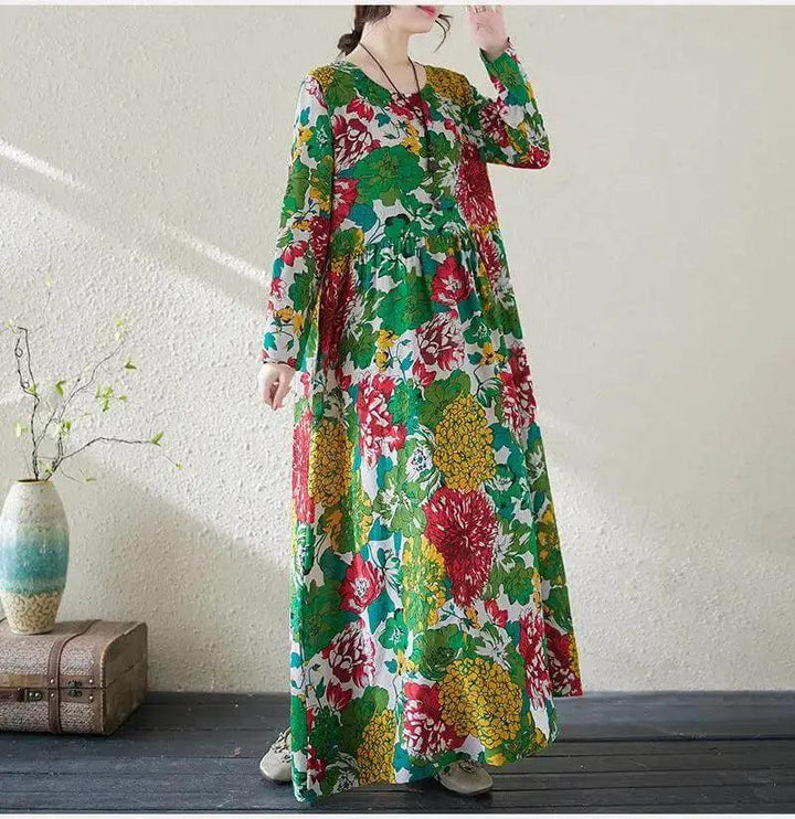 Women's Bohemian Green Floral Print Cotton Dress-Women's dress-Thebesttailor-Thebesttailor