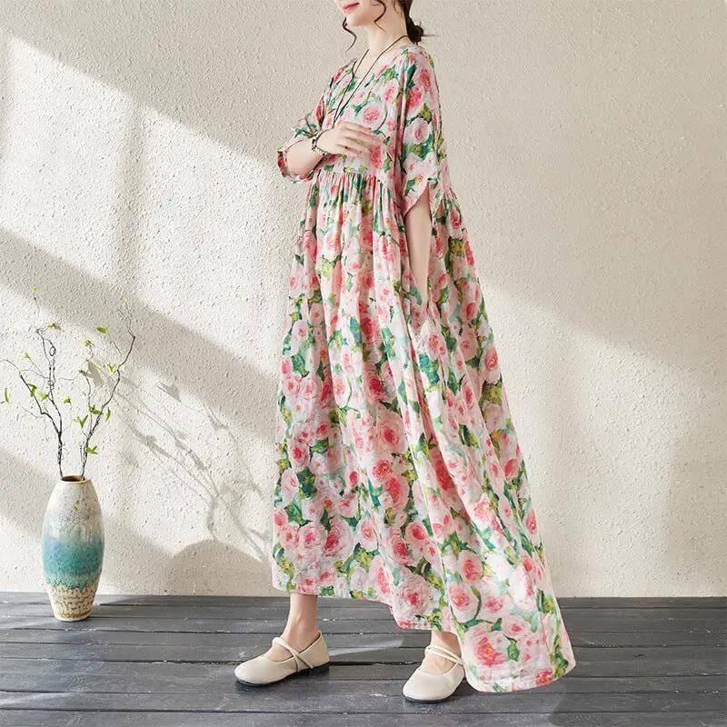 Women's Boho Green Summer Floral Print Dress by Thebesttailor