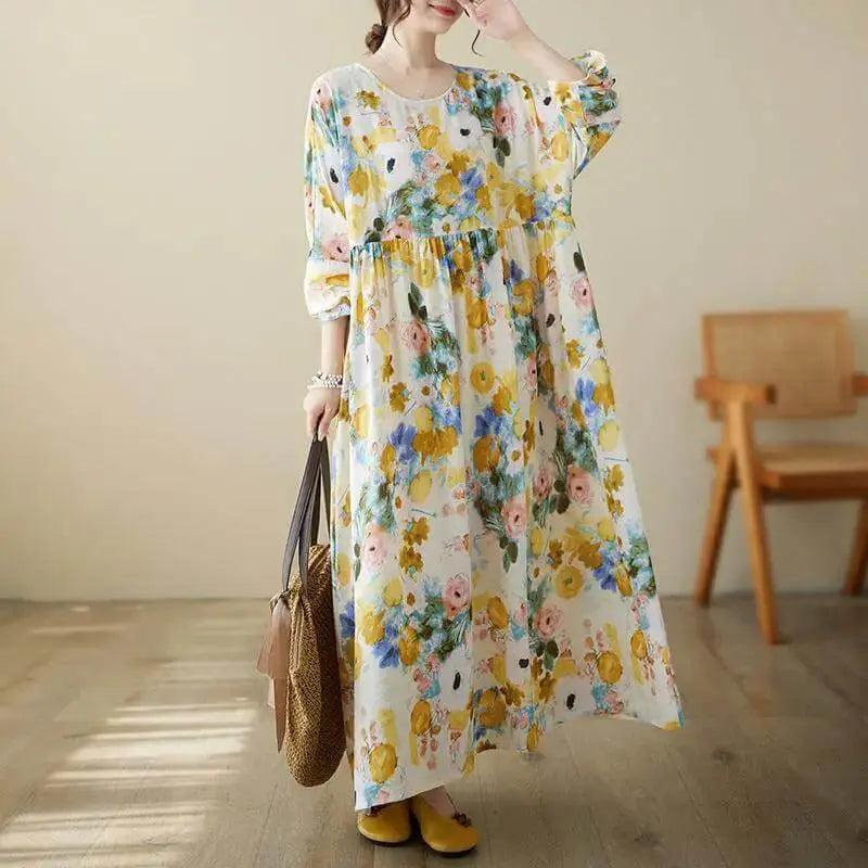 Women's Loose Fit Bohemian Yellow Floral Summer Cotton Dress-Women's dress-Thebesttailor-One size-Yellow Floral-Cotton-Thebesttailor
