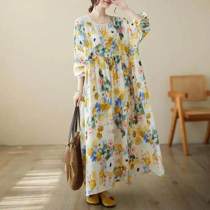 Women's Loose Fit Bohemian Yellow Floral Summer Cotton Dress-Women's dress-Thebesttailor-One size-Yellow Floral-Cotton-Thebesttailor