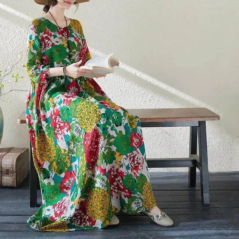 Women's Bohemian Green Floral Print Cotton Dress-Women's dress-Thebesttailor-Thebesttailor