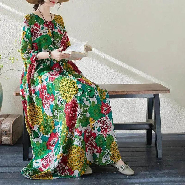 Women's Bohemian Green Floral Print Cotton Dress-Women's dress-Thebesttailor-Thebesttailor