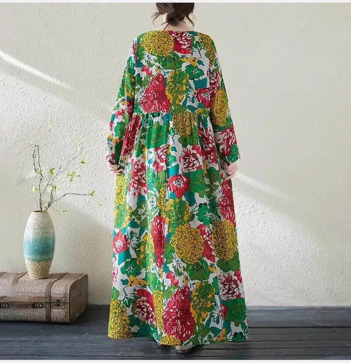 Women's Bohemian Green Floral Print Cotton Dress-Women's dress-Thebesttailor-Thebesttailor