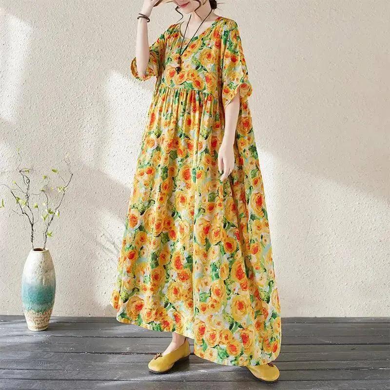 Women's Bohemian Green Summer Floral Print Dress-Women's dress-Thebesttailor-One size-Yellow-Cotton-Thebesttailor