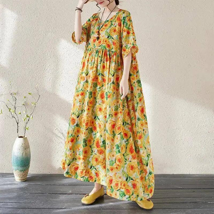Women's Bohemian Green Summer Floral Print Dress-Women's dress-Thebesttailor-One size-Yellow-Cotton-Thebesttailor