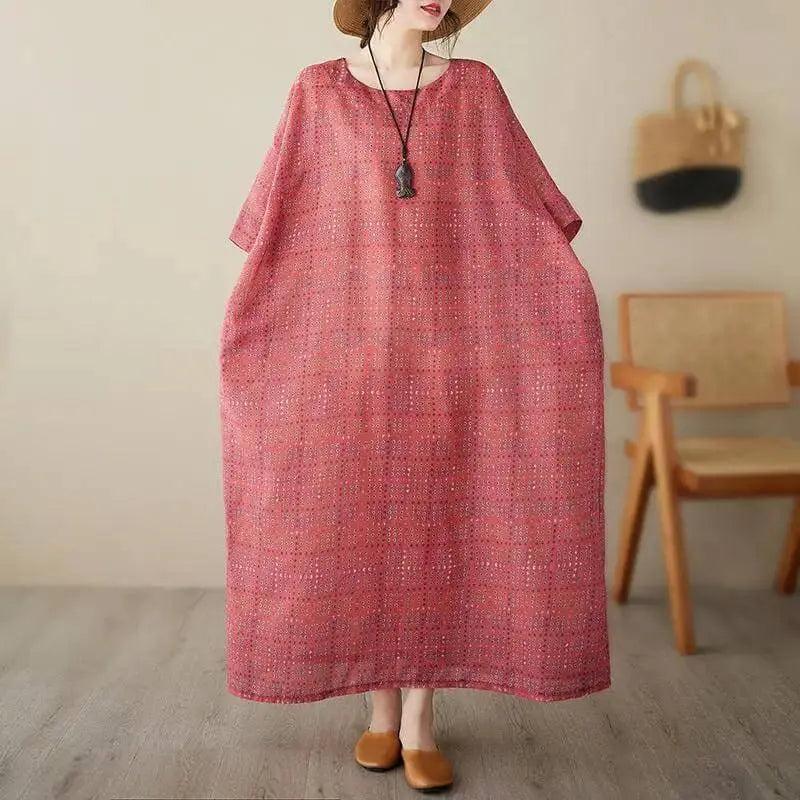 Women's Loose-Fit Linen Bohemian Red Plaid Maxi Dress with Half Sleeves-Women's dress-Thebesttailor-Thebesttailor