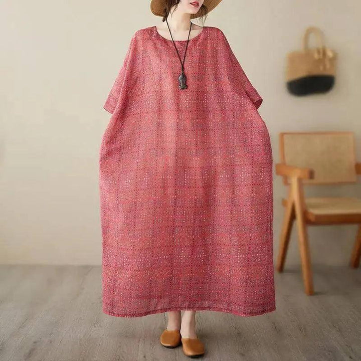 Women's Loose-Fit Linen Bohemian Red Plaid Maxi Dress with Half Sleeves-Women's dress-Thebesttailor-Thebesttailor