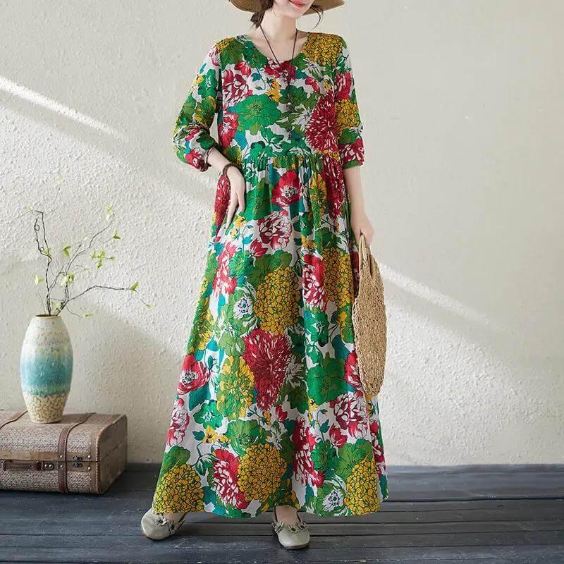 Women's Bohemian Green Floral Print Cotton Dress-Women's dress-Thebesttailor-Thebesttailor