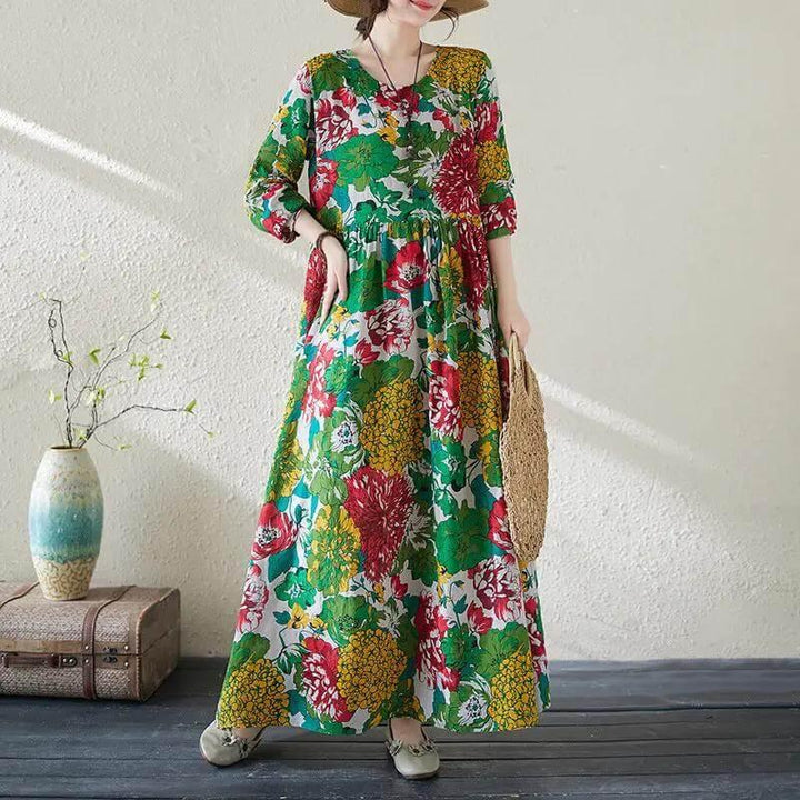 Women's Bohemian Green Floral Print Cotton Dress-Women's dress-Thebesttailor-Thebesttailor