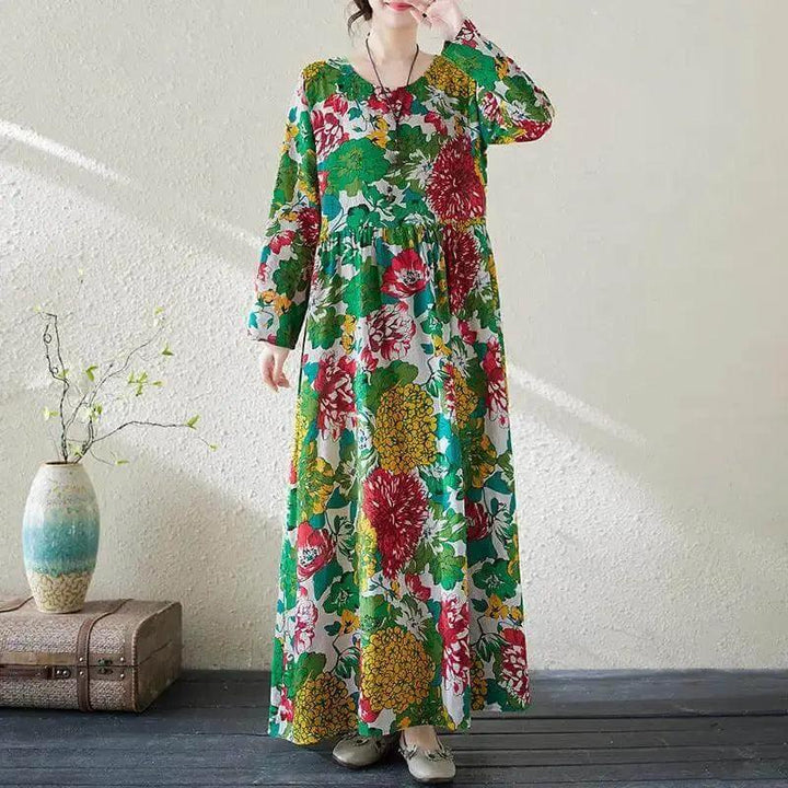 Women's Bohemian Green Floral Print Cotton Dress-Women's dress-Thebesttailor-Thebesttailor