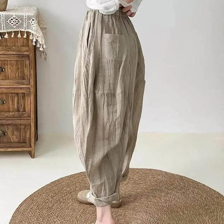 Women's Loose Fit Pants - Elastic Waist Linen Harem Pants with Pockets-Women's pants-Thebesttailor-Thebesttailor