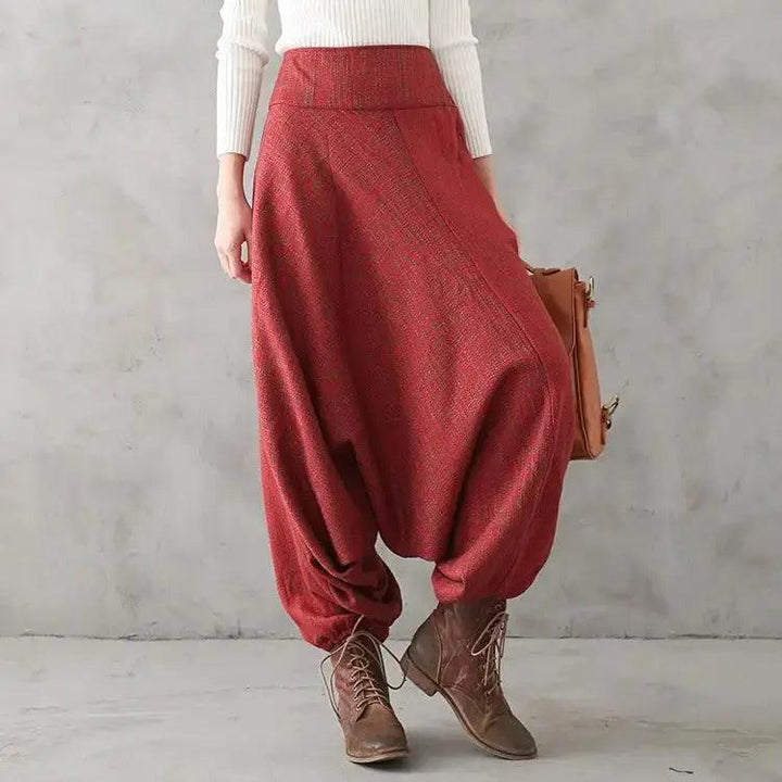 Bohemian Red Linen High Waisted Drop Baggy Harem Pants-Women's pants-Thebesttailor-Thebesttailor