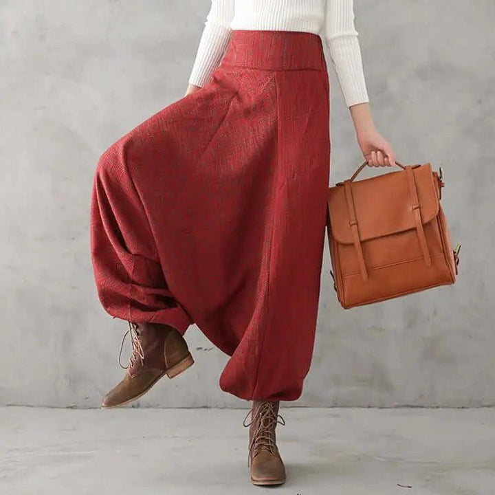 Bohemian Red Linen High Waisted Drop Baggy Harem Pants-Women's pants-Thebesttailor-One size-Red-Linen-Thebesttailor