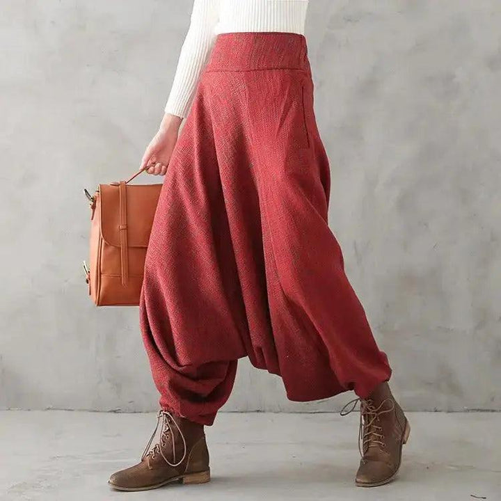 Bohemian Red Linen High Waisted Drop Baggy Harem Pants-Women's pants-Thebesttailor-Thebesttailor
