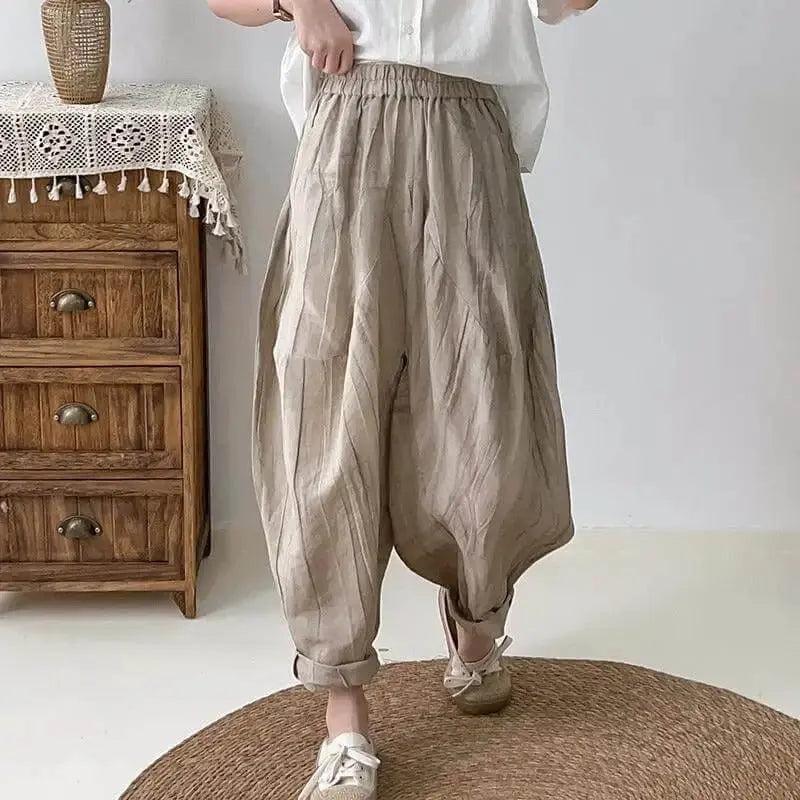 Women's Loose Fit Pants - Elastic Waist Linen Harem Pants with Pockets-Women's pants-Thebesttailor-Thebesttailor