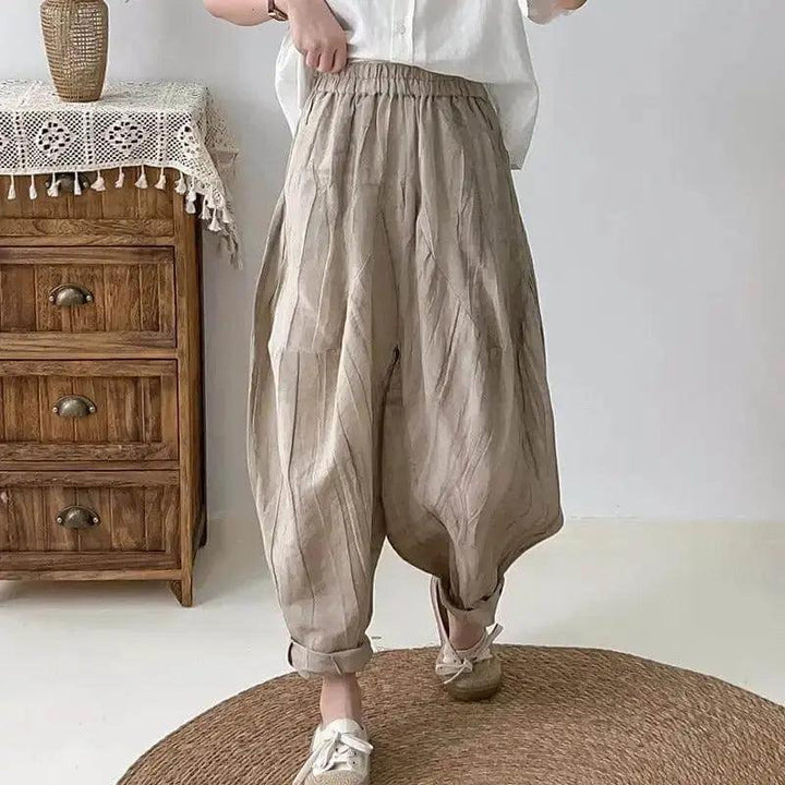 Women's Loose Fit Pants - Elastic Waist Linen Harem Pants with Pockets-Women's pants-Thebesttailor-Thebesttailor