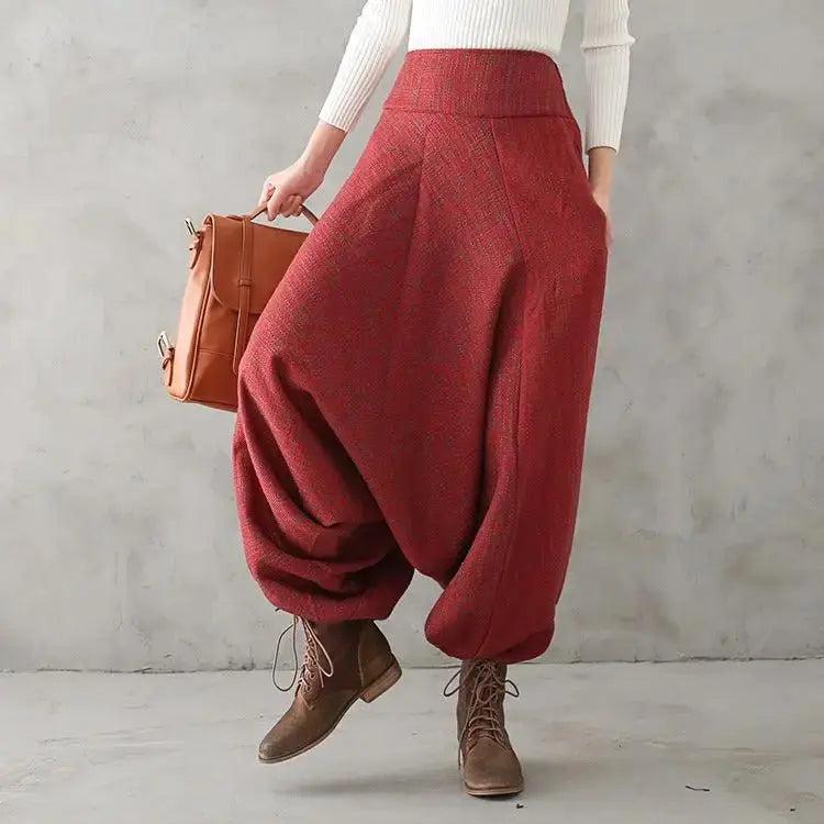 Bohemian Red Linen High Waisted Drop Baggy Harem Pants by Thebesttailor