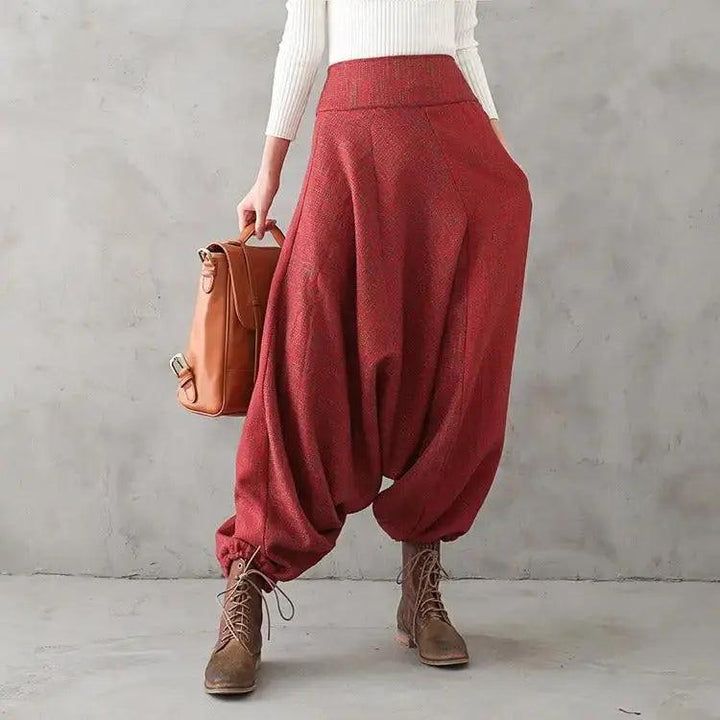 Bohemian Red Linen High Waisted Drop Baggy Harem Pants-Women's pants-Thebesttailor-Thebesttailor